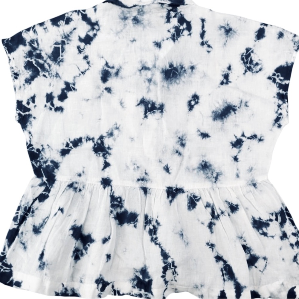 Rachel Zoe Blue White Tie-Dye Linen Button Front Collared Peplum Cropped Top - Picture 3 of 16